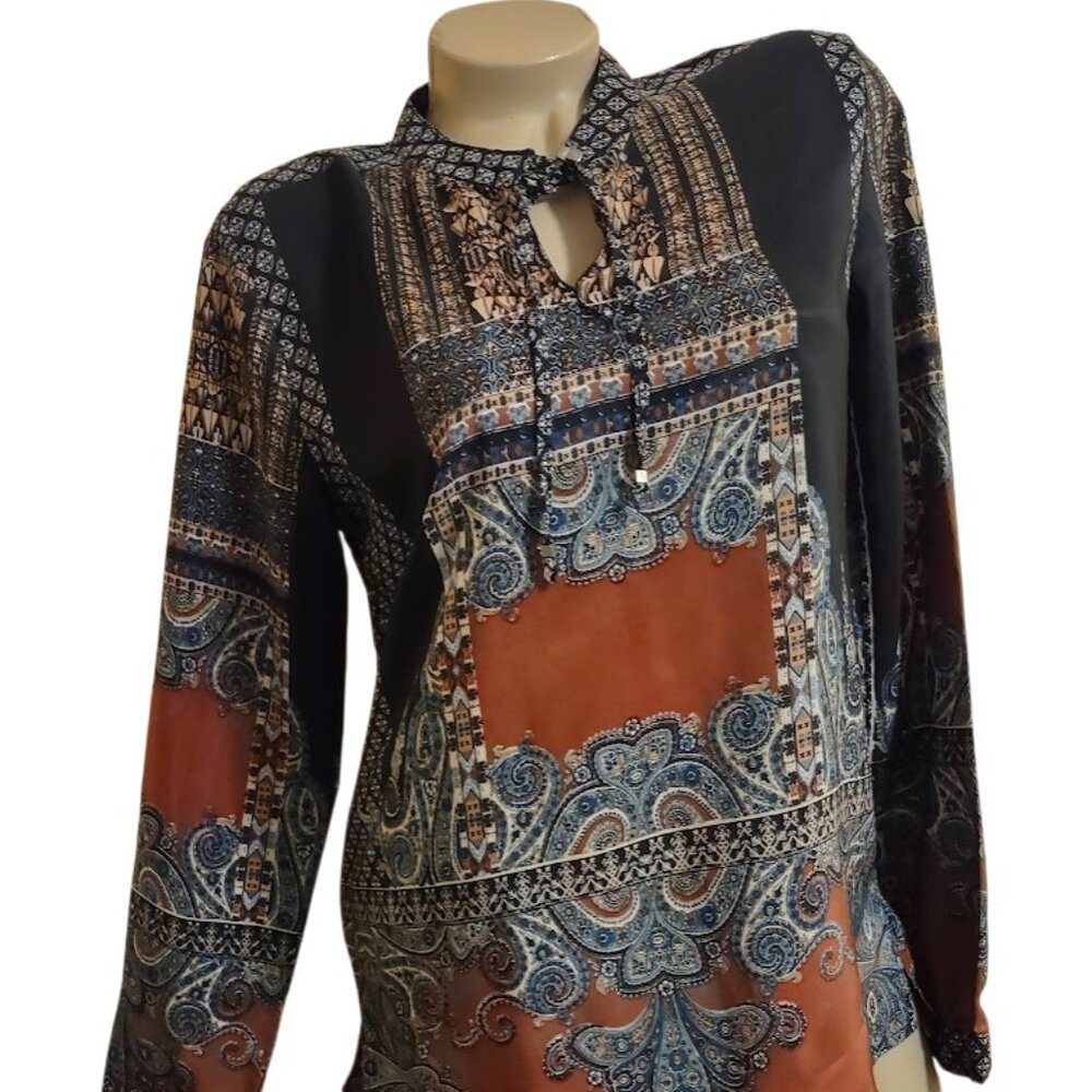 LIKE NEW VERY CUTE WOMEN NAVY BROWN RUST BOHO SHIRT SZ L